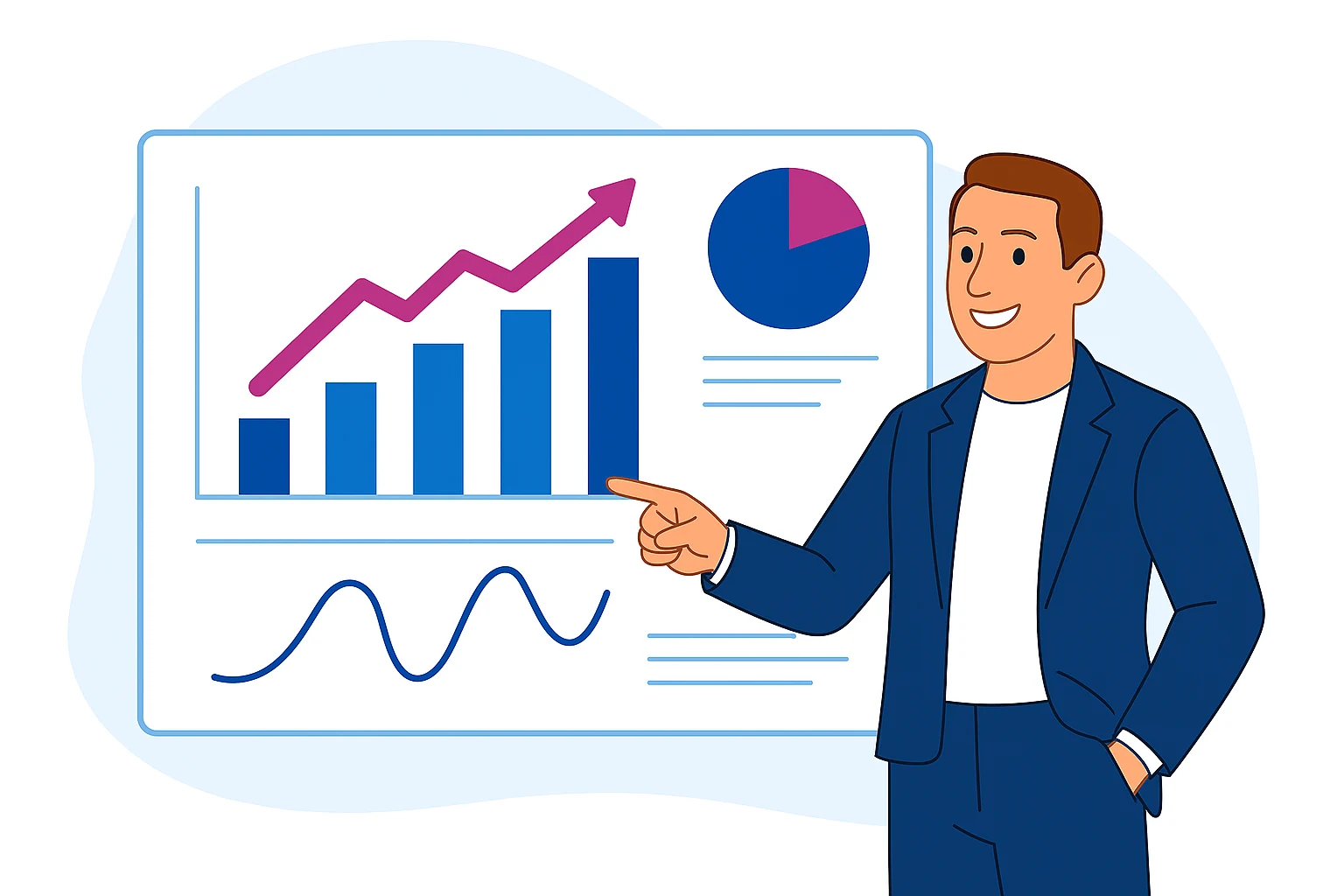 Illustration of a man presenting growth charts and analytics during a performance review