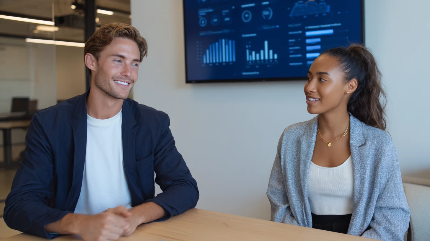 Two professionals having a meeting in an office with performance analytics on screen in background