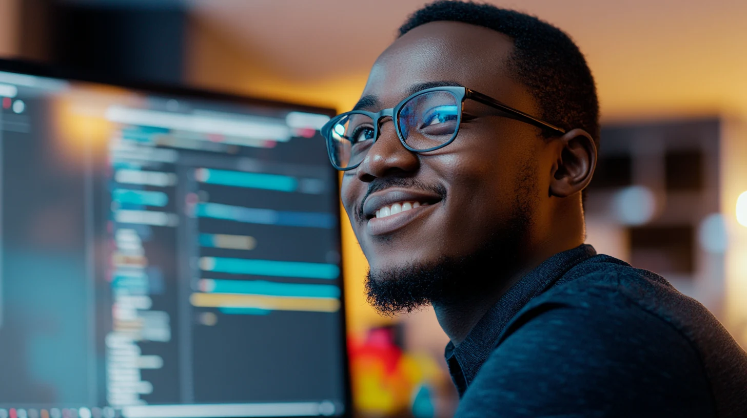 Smiling developer working at a computer with code on screen in a dark-themed workspace