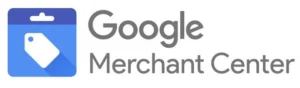 Google Merchant Center logo with blue shopping tag icon and text