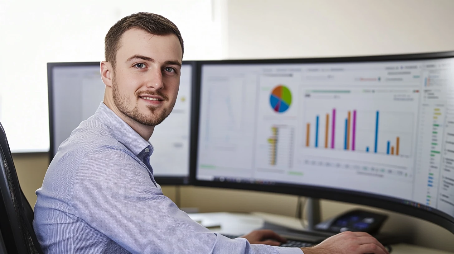 PPC analyst reviewing campaign performance charts on dual-screen setup
