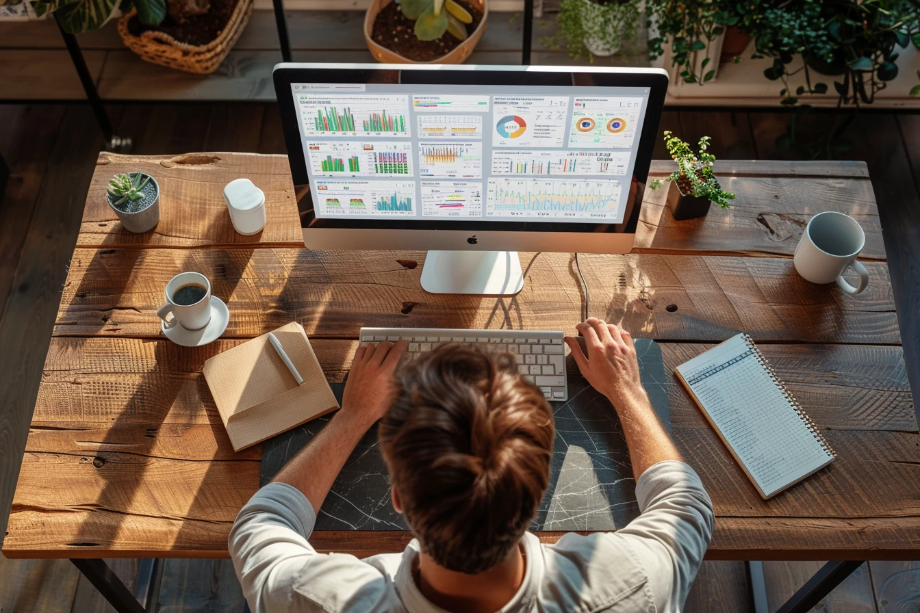 Overhead view of a person working on a computer with PPC analytics dashboards at a wooden desk surrounded by plants, notebooks, and coffee