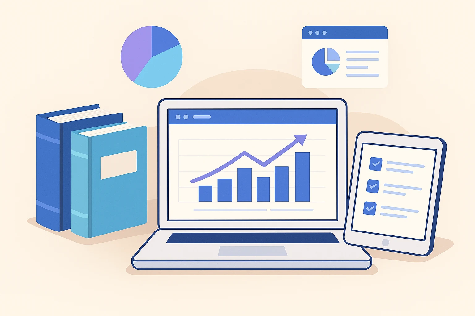 Illustration of laptop with growth chart, tablet with checklist, books, and pie charts representing digital marketing performance