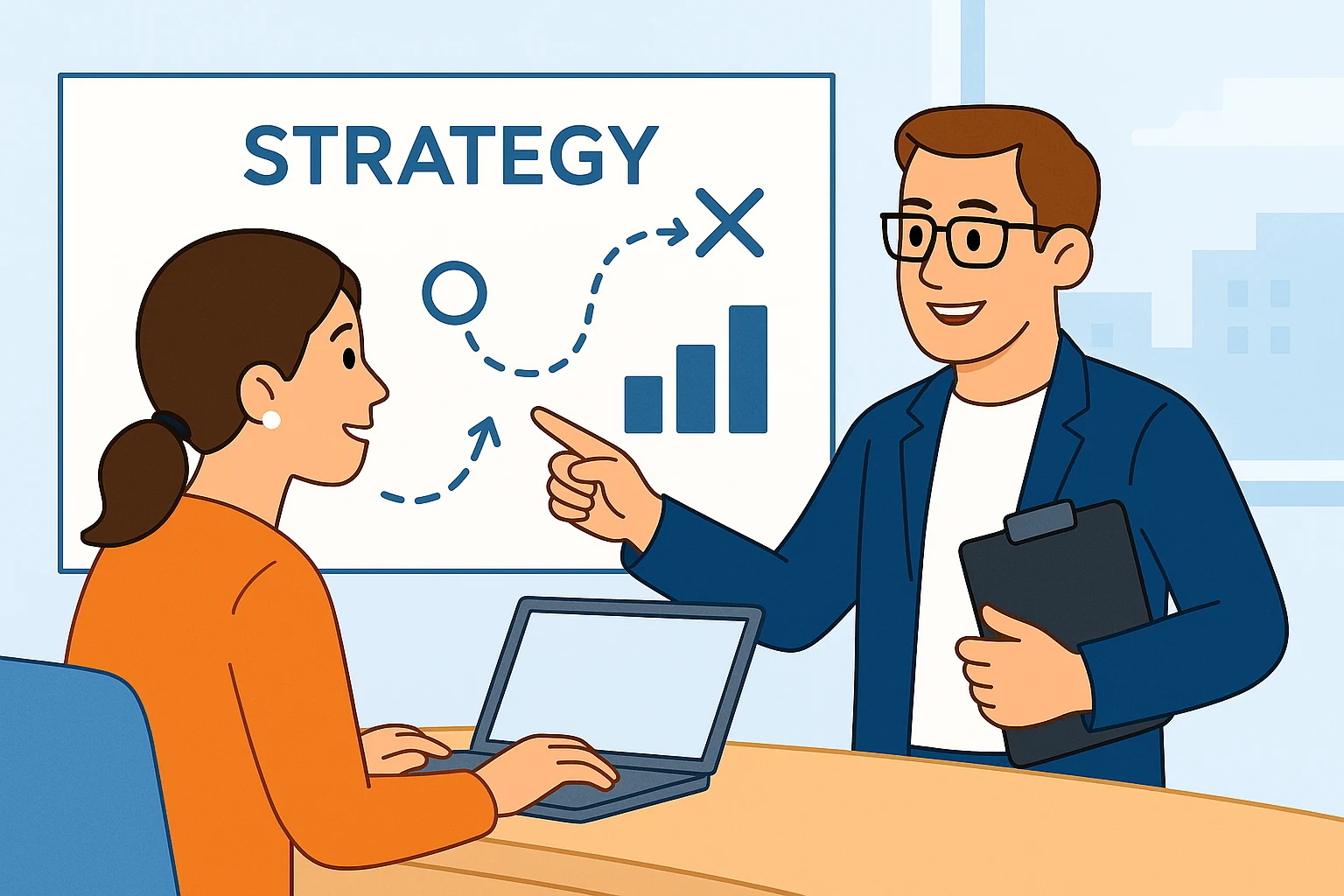 Illustration of two professionals discussing strategy with a chart and laptop in an office setting