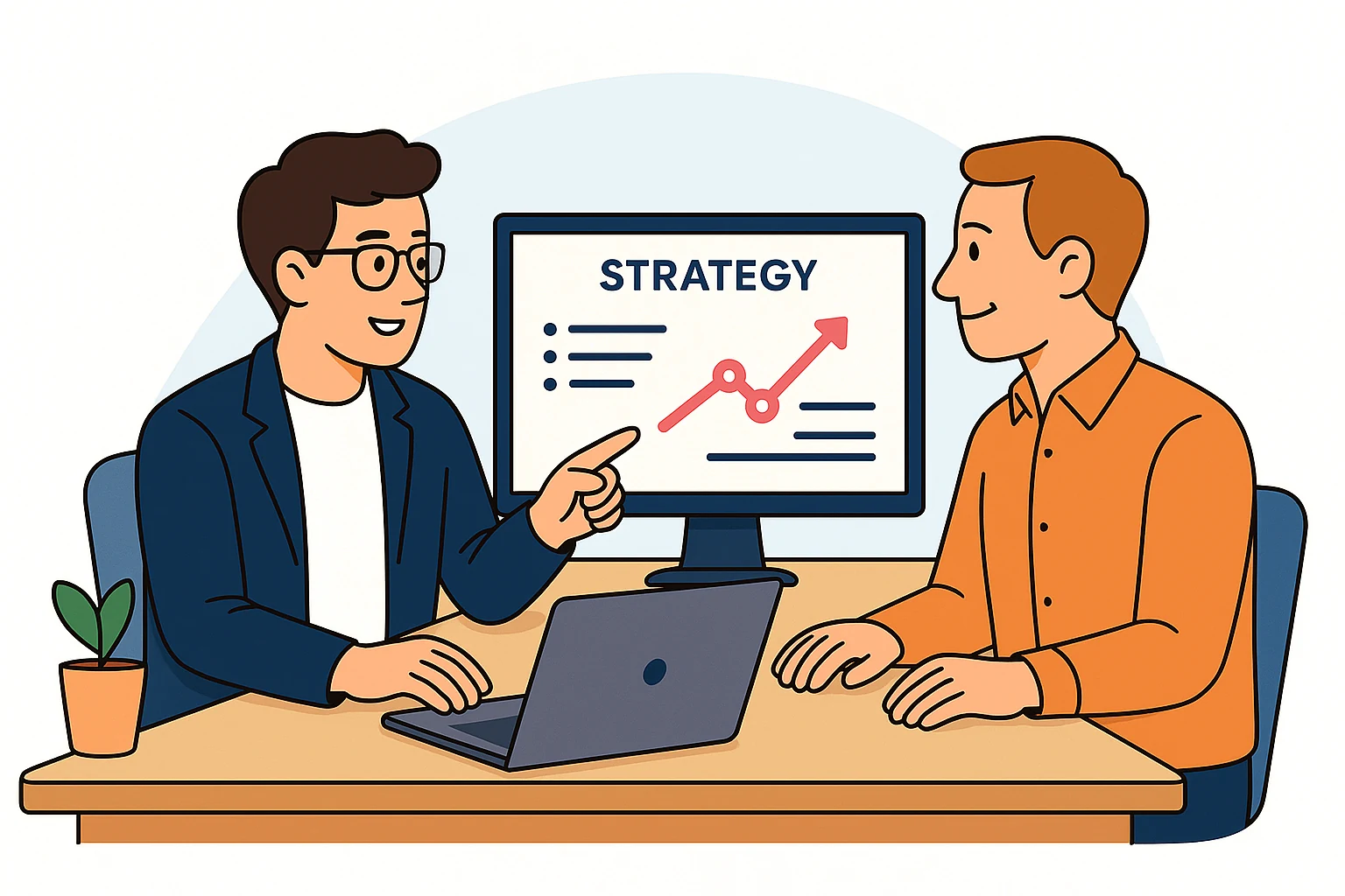 Illustration of two professionals discussing strategy with a graph on a computer monitor