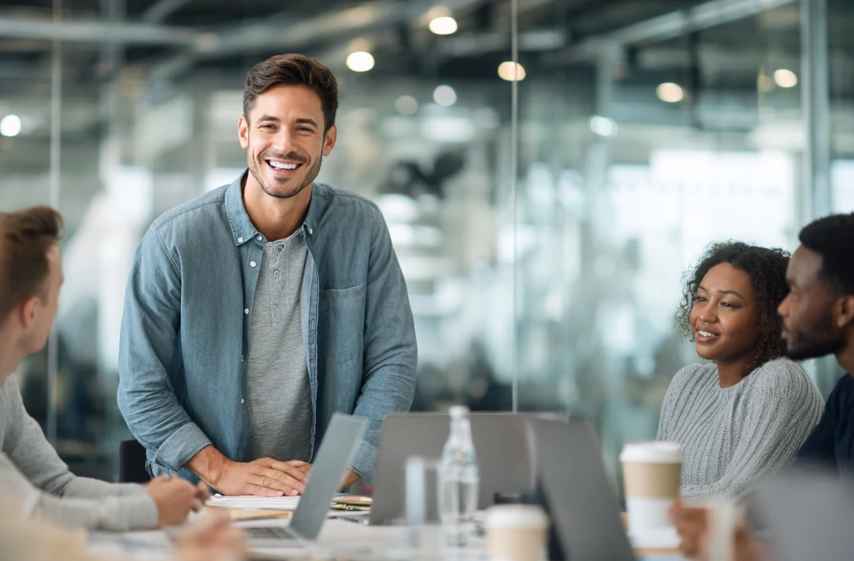 Smiling man presenting to clients during a team meeting in a modern office setting