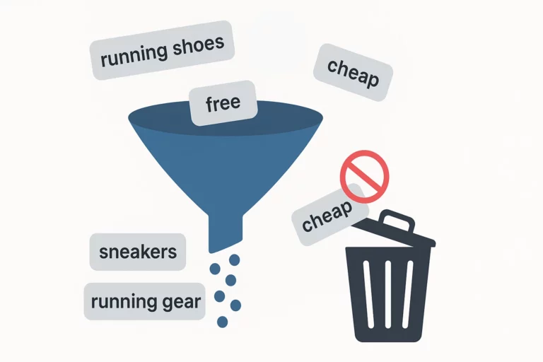 An illustration of a funnel with search terms being funnelled