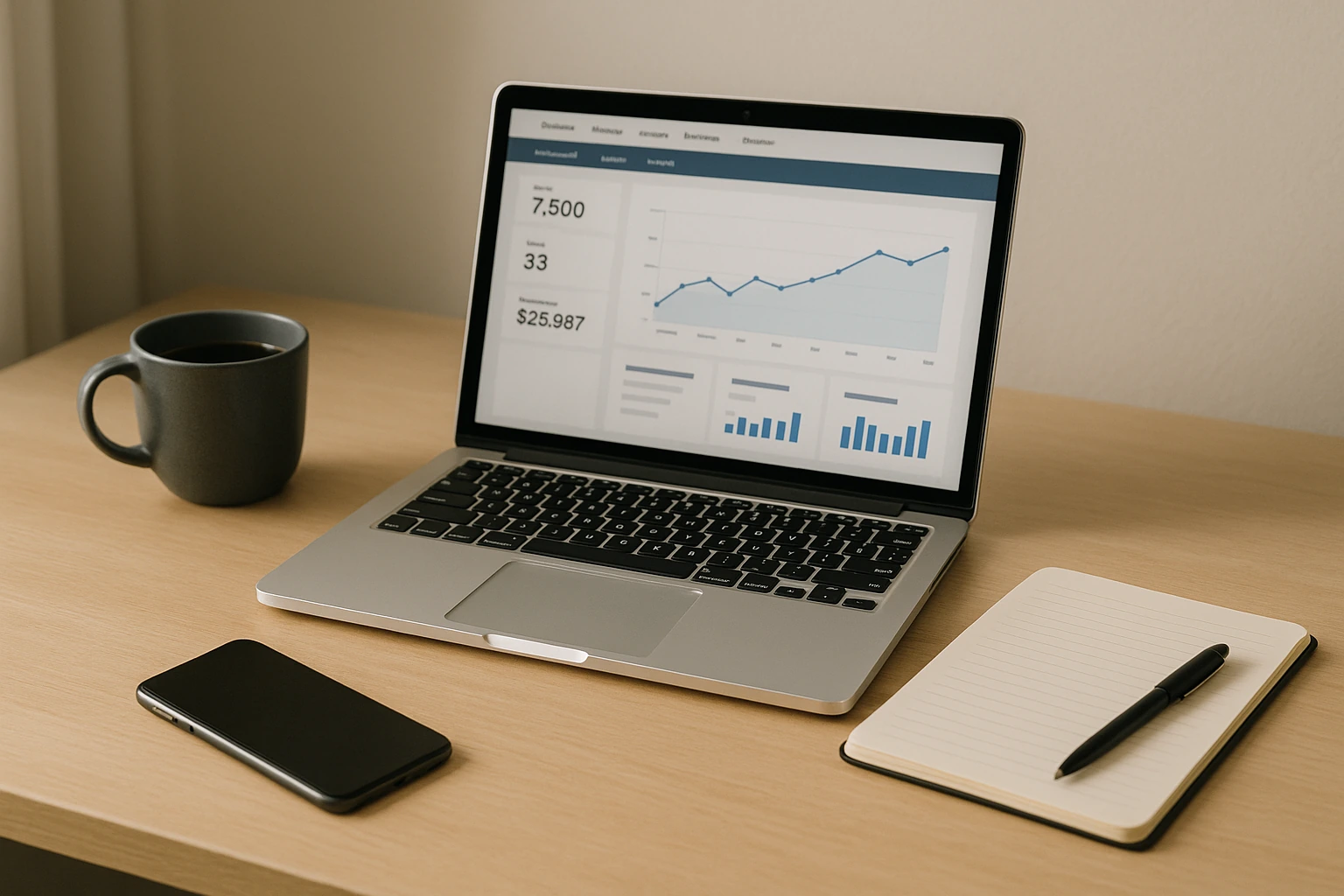 A laptop on a desk showing a graph and marketing metrics with a phone and notepad also visible
