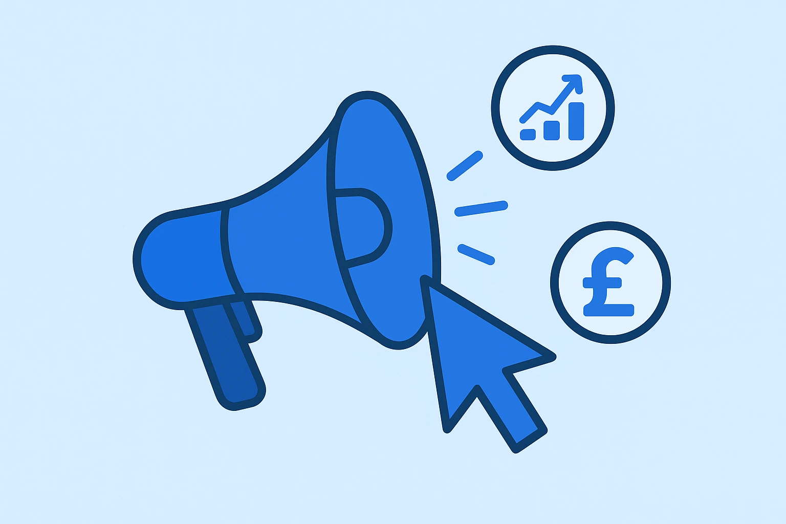 Illustration of a marketing megaphone with a cursor, graph and pound icons