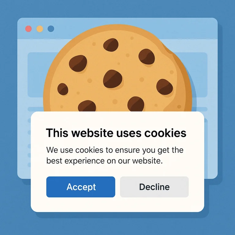 An illustration of a cookie consent banner with a cookie in the background on a website
