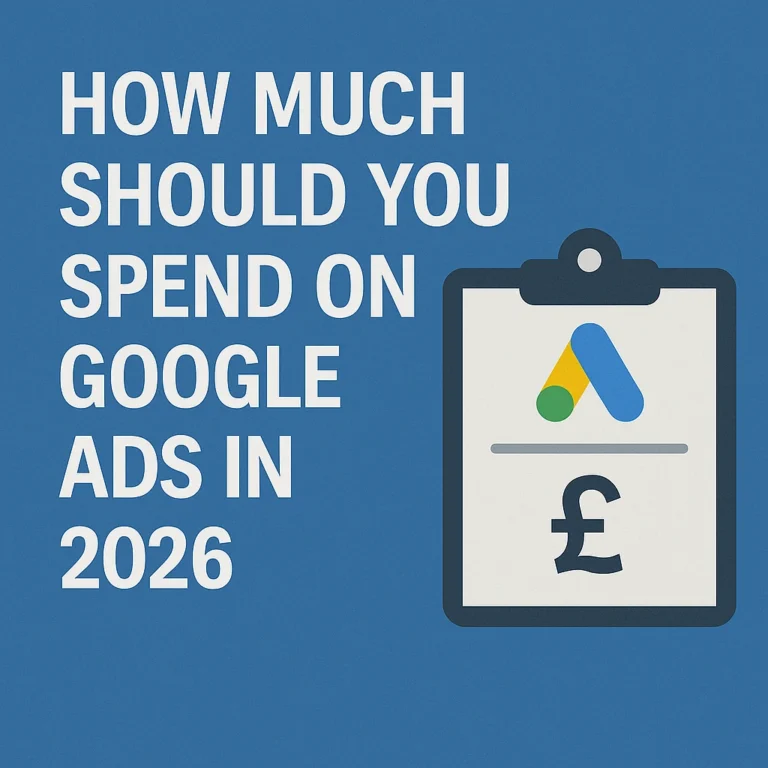 An illustration with a Google Ads symbol dividing by a British pound symbol, with the text that reads "How much should you spend on Google Ads in 2026"