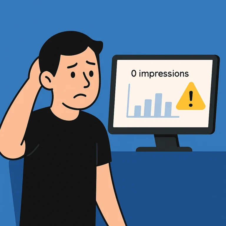 An illustration of a man looking at a computer screen, with a chart that says 0 impressions.